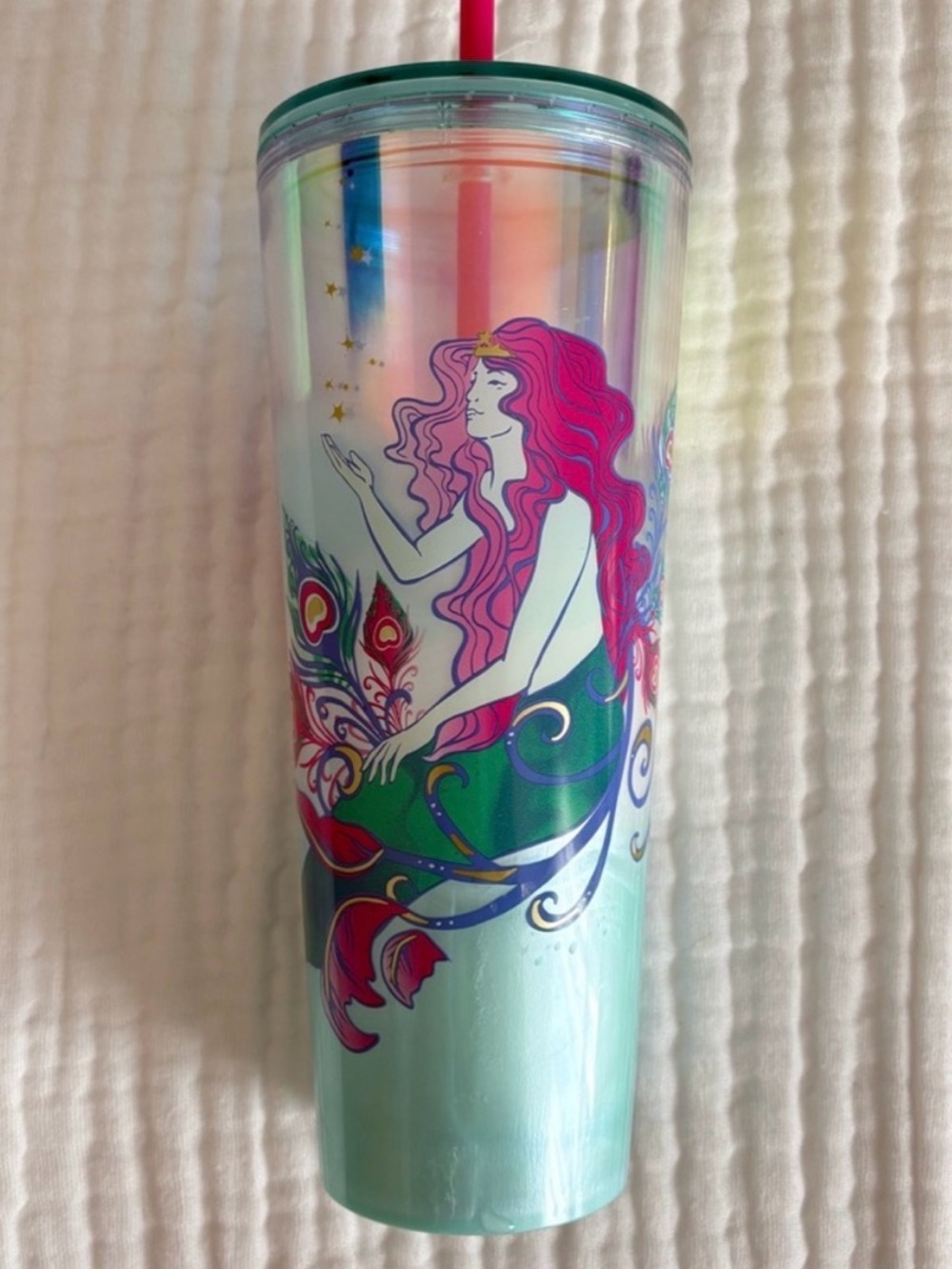 Starbucks Iridescent Mermaid Tumbler in Pink, Green and Teal with Red Straw